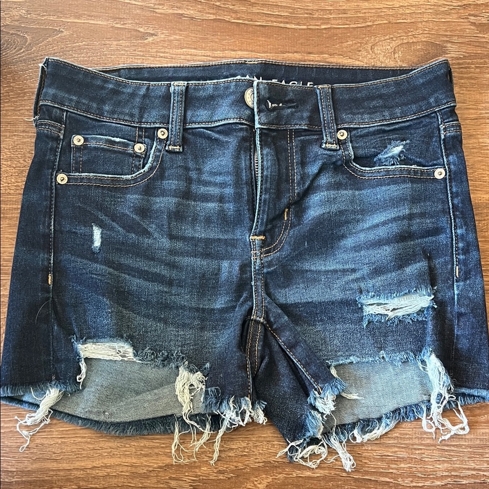 American Eagle Outfitters Dark Blue Distressed Jean Shorts Midi